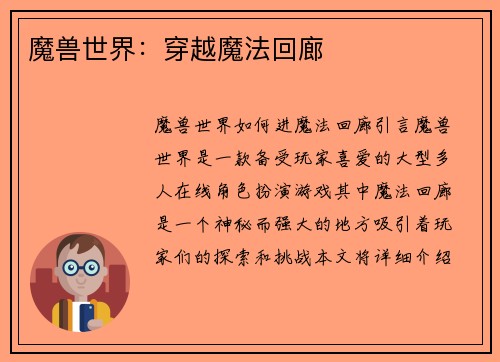 魔兽世界：穿越魔法回廊